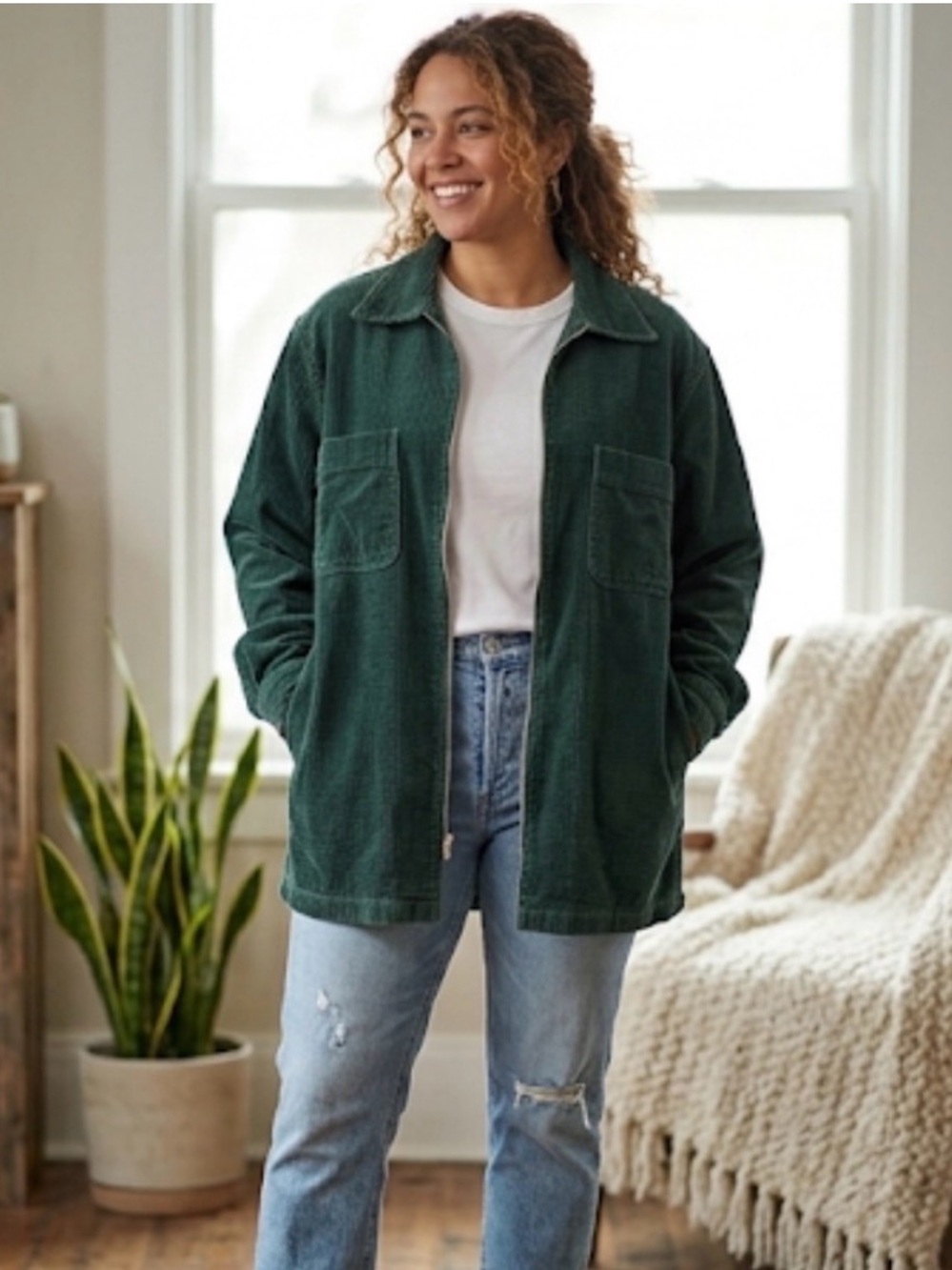 Vintage Green Corduroy Zip Up Jacket Oversized Shacket Chore Coat Chest Pocket L